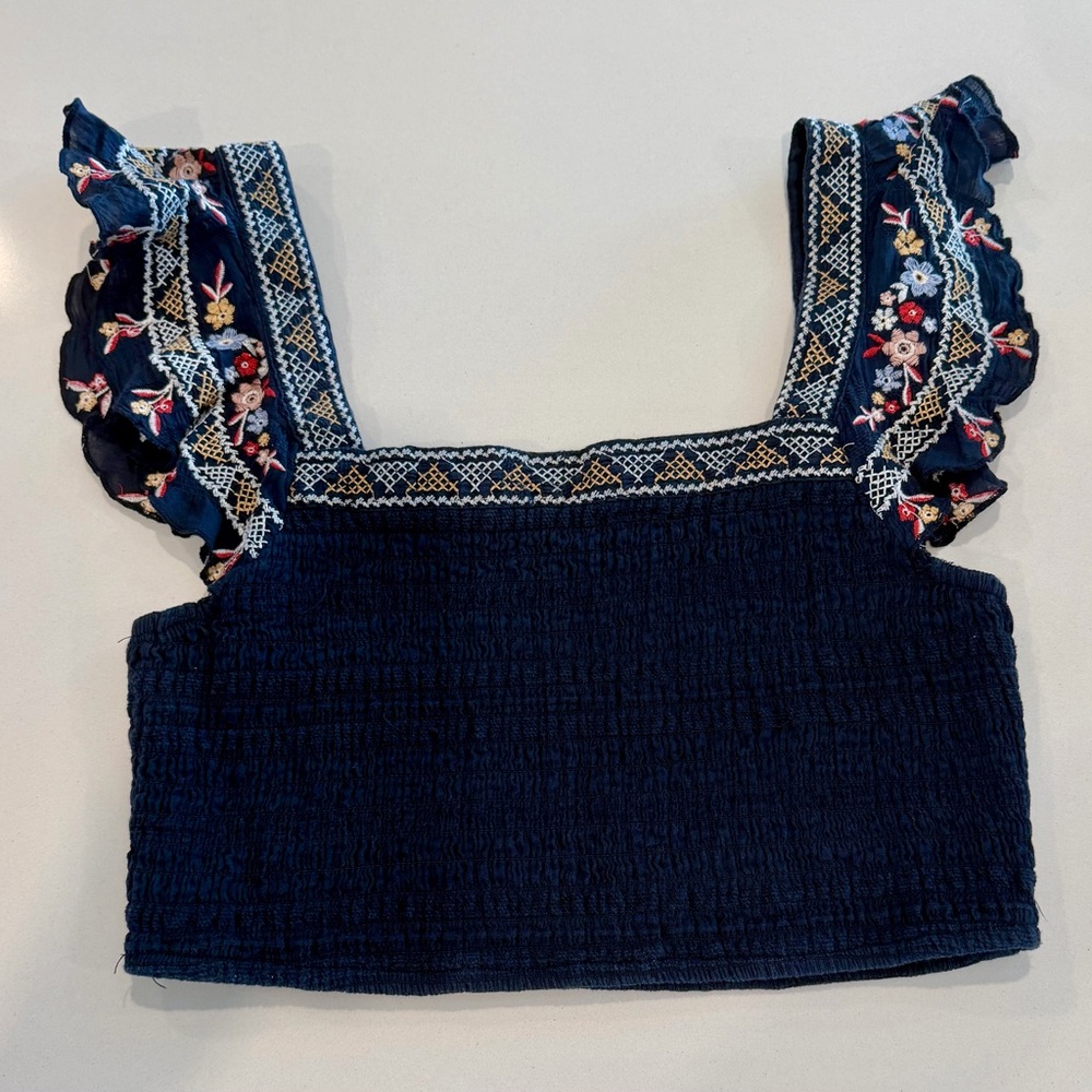 Mi Ami Women’s Navy Embroidered Square-Neck Crop Top